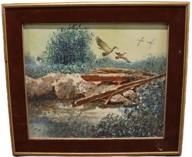 Ducks Over Bridge, Painting on Canvas, Signed: Ducks Over Bridge, Painting on Canvas, Signed Description: Serene natural landscape depicting mallard ducks in flight over a rustic wooden bridge and reflective stream. Rich earth tones and lush