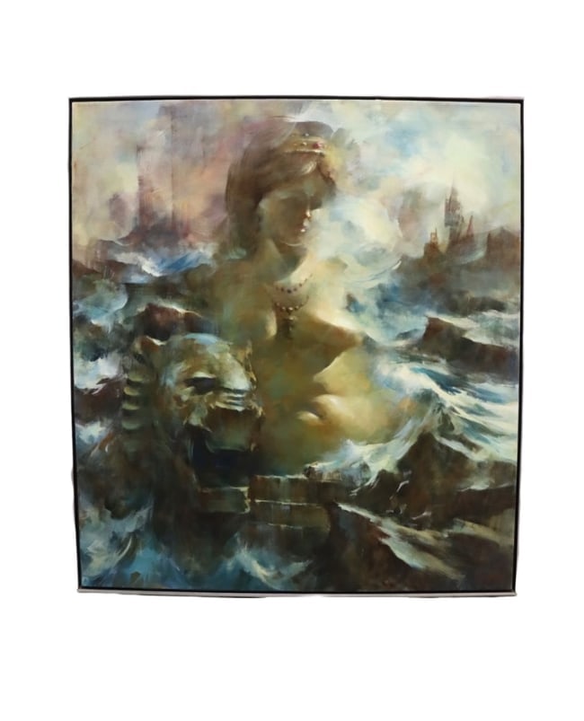 Richard C. Ward, 14 Queen, Oil on Canvas, Signed & Titled on Verso: Richard C. Ward, 14 Queen, Oil on Canvas, Signed & Titled on Verso Artist: Richard C. Ward Title: 14 Queen Medium: Oil on canvas Description: A mystical composition featuring a crowned female figure e