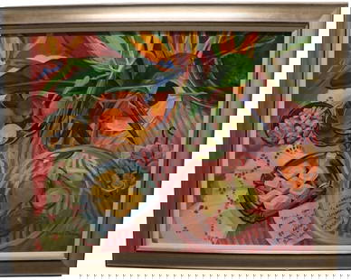 Jeanne Dunn, Acrylic on Canvas, Signed: Jeanne Dunn, Acrylic on Canvas, Signed Artist:Jeanne Dunn (American, b. 1960) Medium:Acrylic on Canvas Description: A vibrant and richly colored still life by Jeanne Dunn, showcasing a dynamic