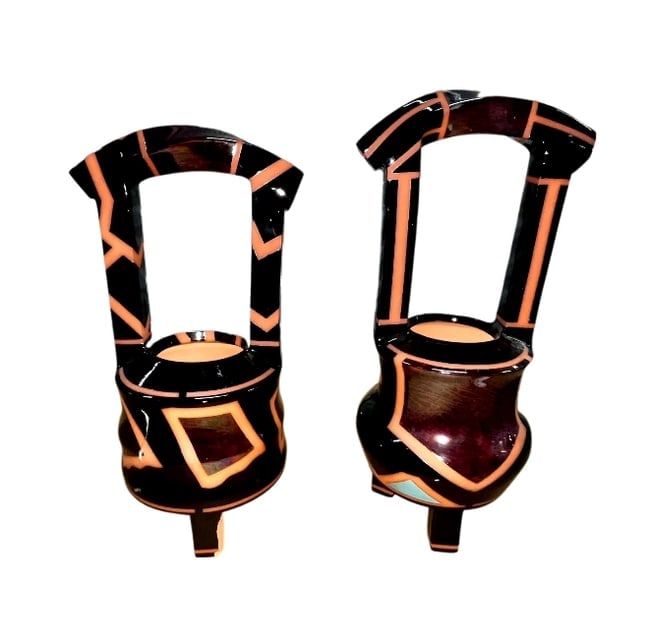 Richard Schneider - Signed Glazed Clay Candle Stands: Pair of glazed clay candle stands by Schneider. Each measures 8.5 x 9 inches with glossy finish. #420. | Ships from Rancho Mirage, CA