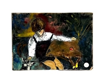 "Girl's First Puppy" - Enamel on Copper