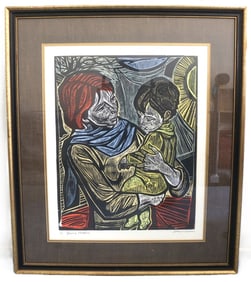 Irving Amen, Mid-20th Century, Signed, Young Mother, Woodblock, 4 of 200, American