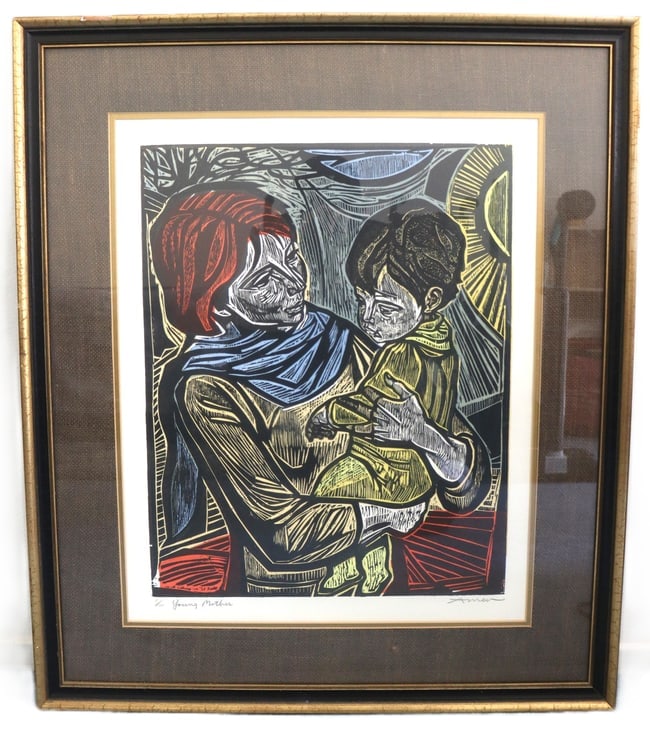 Irving Amen, Mid-20th Century, Signed, Young Mother, Woodblock, 4 of 200, American (1 of 5)