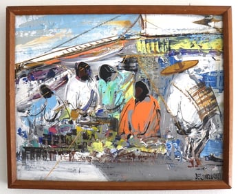 Leon Belaunzaran 1980 Signed Market Figures Impasto Painting Mexican Expressionist Modernist Fine Ar