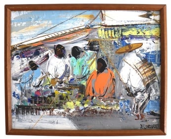 Leon Belaunzaran 1980 Signed Market Figures Impasto Painting Mexican Expressionist Modernist Fine Ar