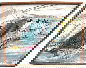 Leon Belaunzaran, Signed, Market Scene Impasto Painting, Mexican Expressionist Modernist Fine Art