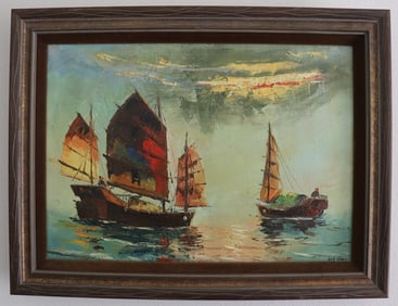 Dan Wang 1979 Signed Junks at Sunset Painting Impressionist Maritime Asian Art Collectible
