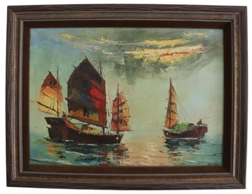 Dan Wang 1979 Signed Junks at Sunset Painting Impressionist Maritime Asian Art Collectible
