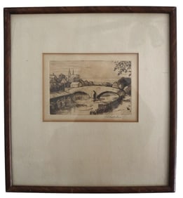 Henri Schotter, Signed, European Bridge Landscape Etching, Realist Early 20th Century Fine Art Print