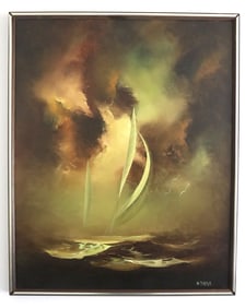 B. Tapia Seascape Oil Painting Framed Sailboats Ocean Storm Mid-Century Art, Signed