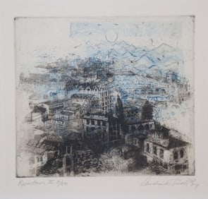 Andrew Rush, Rivertown III, Signed, Etching, L.E. 3/50, American, Modern Cityscape, Etching Paper