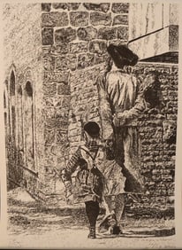 Lily Baker, 20th Century, Man and Child by Wall, Ink Drawing, Signed and Inscribed