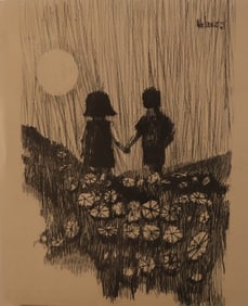 Aldo Luongo, 1969, Holding Hands in a Field of Flowers Expressionism Lithograph