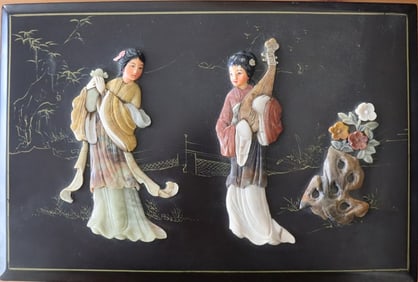 Black Lacquer Asian Musical Figures Inlaid Box, Decorative Art