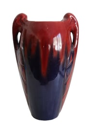 Ceramic Pottery Vase Red and Blue, Glazed, Signed