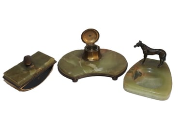 Onyx Desk Set, Inkwell, Paper Blotter, Ashtray with Horse