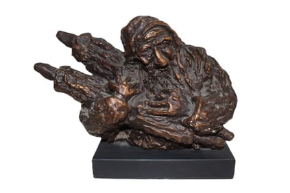 Bronze Sculpture, Old Man with Child, Figurative Art, Abstract Form, Signed, Collectible Art