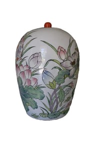Oriental Porcelain Ginger Jar, Lotus & Bird Motif, Hand-Painted, Decorative Vase