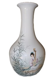 Hand-Painted Oriental Porcelain Vase - Woman & Bamboo Motif with Calligraphy