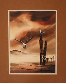 Ruby Agnew, c. 1960s, Signed, Coastal Birds Landscape, Watercolor, American Realist