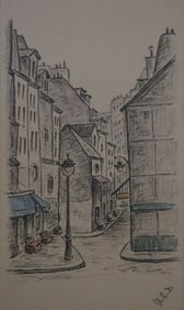 European Street Scene, Drawing, Signed