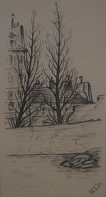 Building and Trees by Water, Drawing, Signed