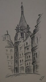 Building with Spire, Drawing, Signed