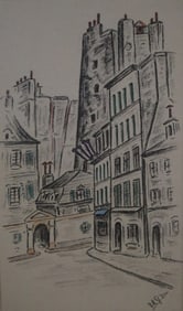 Urban Scene with Tall Building, Drawing, Signed