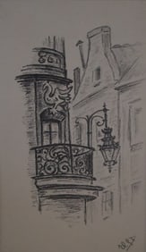 Balcony and Streetlight, Drawing, Signed