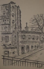 Cityscape with Balcony and Railing, Drawing, Signed