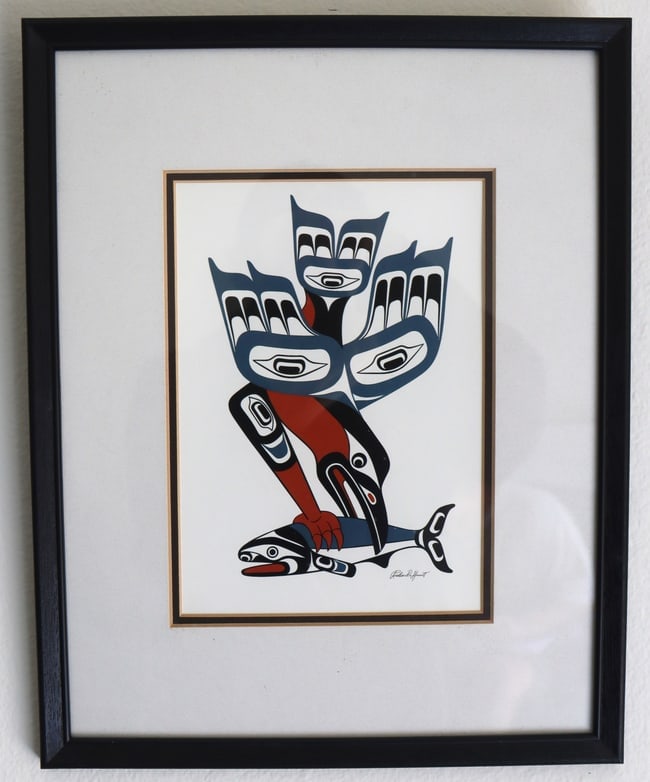Richard Hunt Signed Figure with Salmon Serigraph Native American Art: Artist: Corrine Hunt Description: Richard Hunt, Signed, Figure with Salmon, Nat