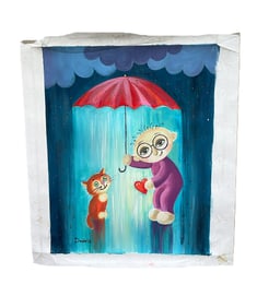 Dvoiris - Kid & Cat Under Umbrella - Hand Signed Original Painting