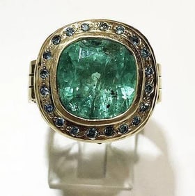 18K Yellow Gold Columbian Emerald & Blue Diamonds