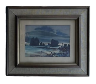 Robert E. Wood, 3 People Fishing in Ocean, Mixed Media