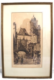 Edward Sharland, "La Grosse Horloge, Rouen" - French Etching of the Great Clock Tower, Double Signed
