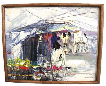 Leon Belaunzaran, Mexican Market Scene, Impasto Oil Painting, Signed
