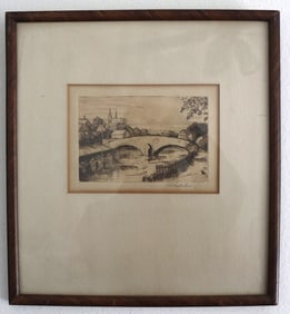 H.S Heklan, "River Scene with Bridge and Village", Pencil Signed