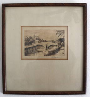 Henri Schotter, Signed, European Bridge Landscape Etching, Realist Early 20th Century Fine Art Print: Artist: Henri Schotter Description: Henri Schotter, c. 1930, Signed, European B
