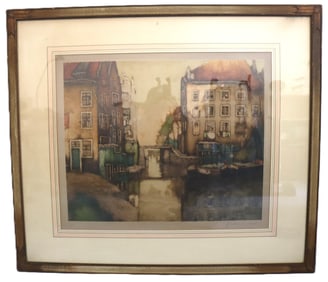 J.J. Ensing / Enwright Signed Watercolor Painting European Canal, Limited Edition #516, Signed
