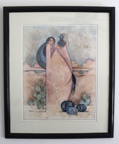 Hallian, Southwestern Woman with Pottery Print Native American Signed