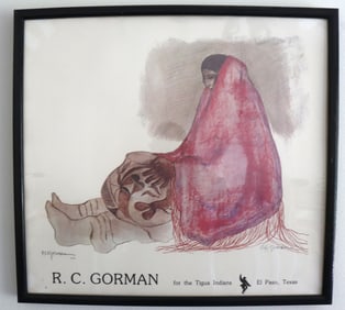 R. C. Gorman, Seated Woman with Pottery Tigua Indians Print Framed, Double Signed
