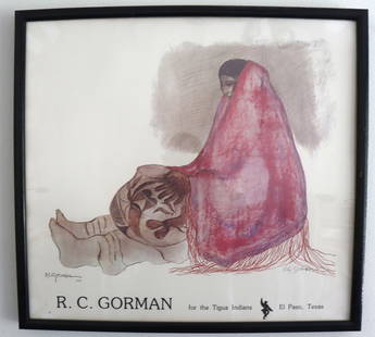 R. C. Gorman, Seated Woman with Pottery Tigua Indians Print Framed, Double Signed: Artist: R. C. Gorman Description: R. C. Gorman, Seated Woman with Pottery: This