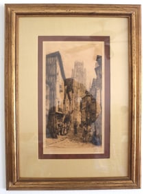 European Street Scene Etching, Rouen Cathedral View 1858, Double Signed