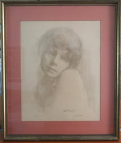 E. Laporte, Expressive Female Portrait Charcoal Drawing 1969 Signed