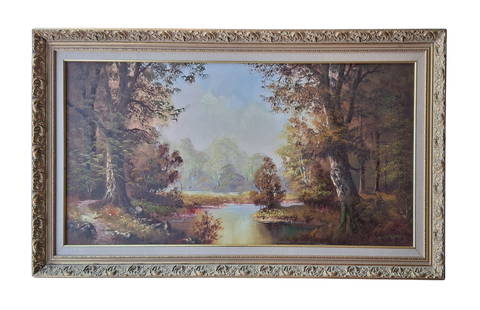 Herman Urban, Signed, Forest River Landscape, Original Oil Painting, German Realist: Artist: Herman Urban Description: Herman Urban, Signed, Forest River Landscape. T