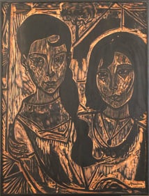 Amos Amon Scharf, Mid-20th Century, Two Figures Woodcut Print, Signed