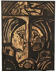 Amos Amon Scharf, Mid-20th Century, Two Figures with Bird Woodcut Print, Signed