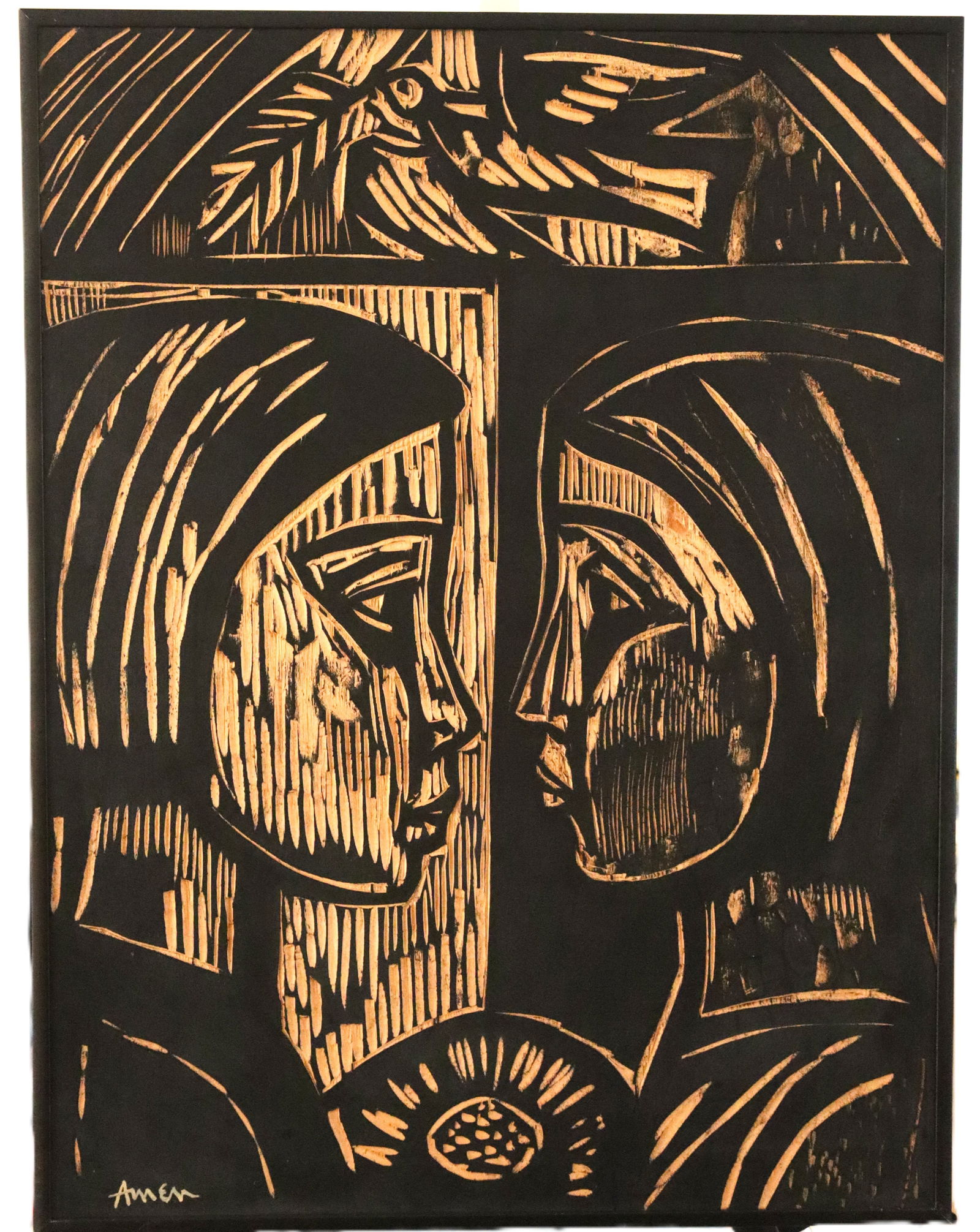 Amen, Signed, Abstract Figures with Bird, Woodcut, American, Modern Abstract, Paper Fine Art (1 of 3)