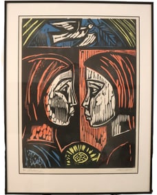 Amos Amon Scharf, Mid-20th Century, Shalom Multi-Color Woodcut Print, Limited Edition 8/100, Signed