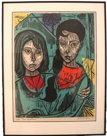 Amos Amon Scharf, 1966, Two Sisters Multi-Color Woodcut Print, Limited Edition 21/75, Signed